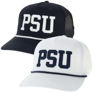 white and navy trucker hats with PSU and rope above brim
